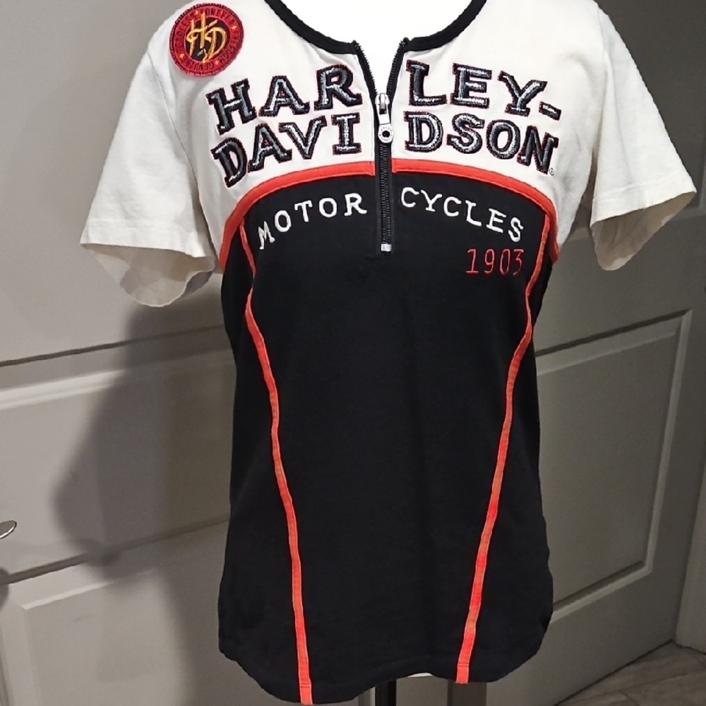 Harley-Davidson Womens Black and White Tee with Red Details